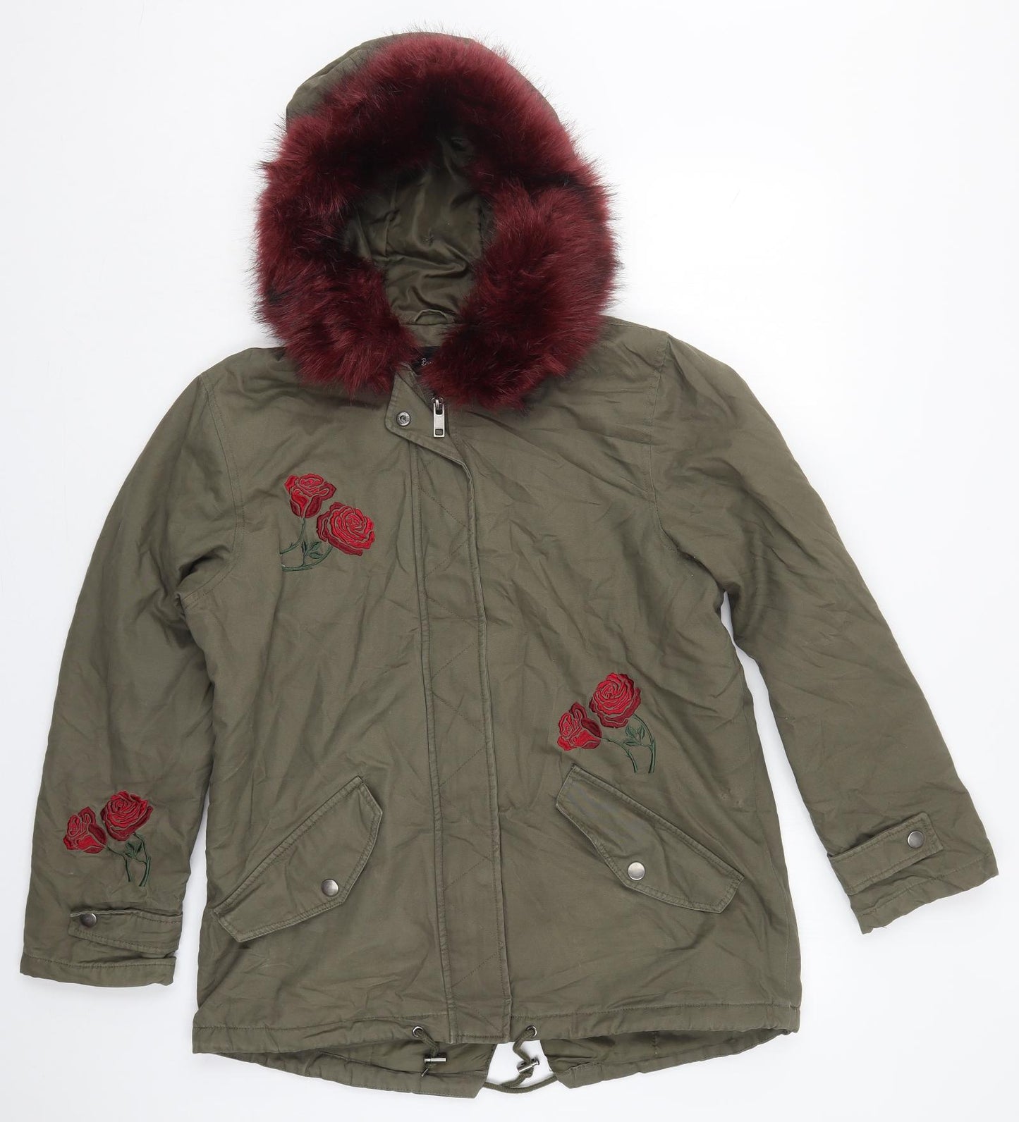 Brave Soul Womens Green Floral  Parka Coat Size 14  Zip