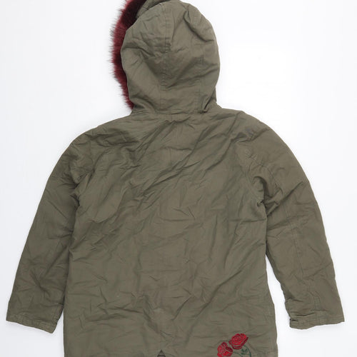 Brave Soul Womens Green Floral  Parka Coat Size 14  Zip