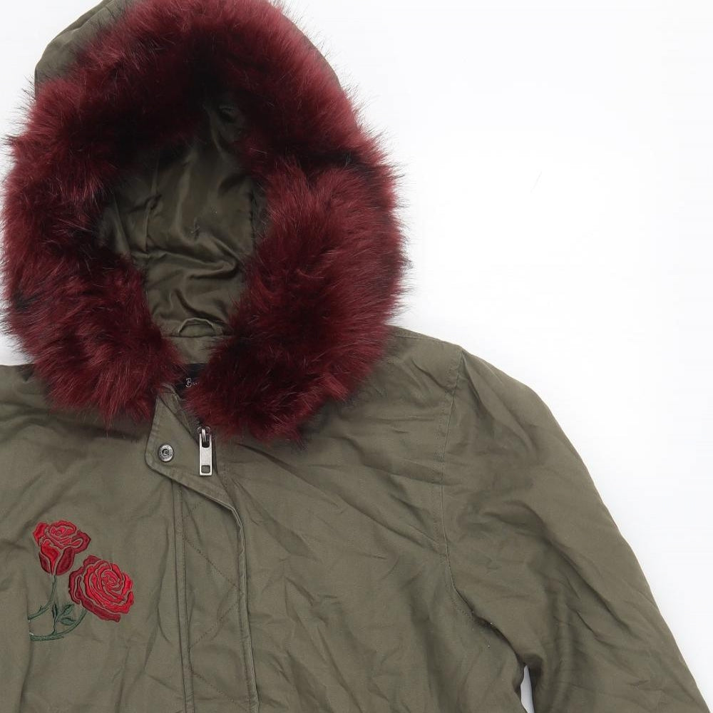 Brave Soul Womens Green Floral  Parka Coat Size 14  Zip