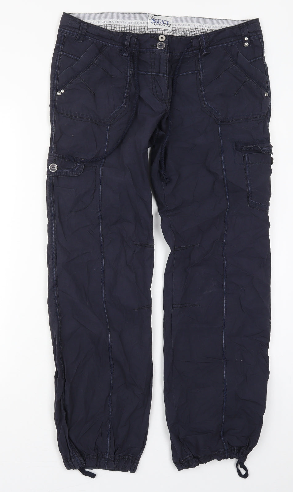 NEXT Womens Black  Cotton Cargo Trousers Size 12 L31 in Regular Drawstring
