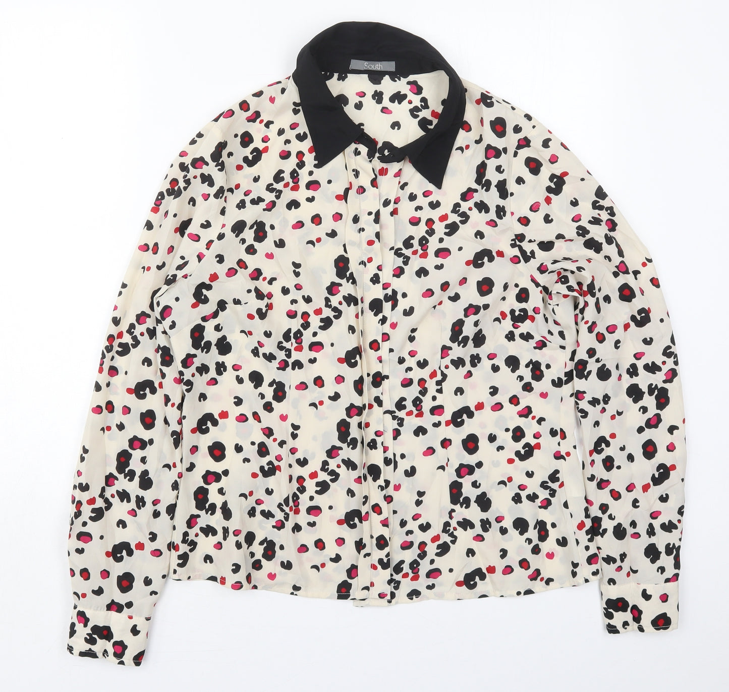 South Womens Ivory Animal Print Polyester Basic Button-Up Size 16 Collared