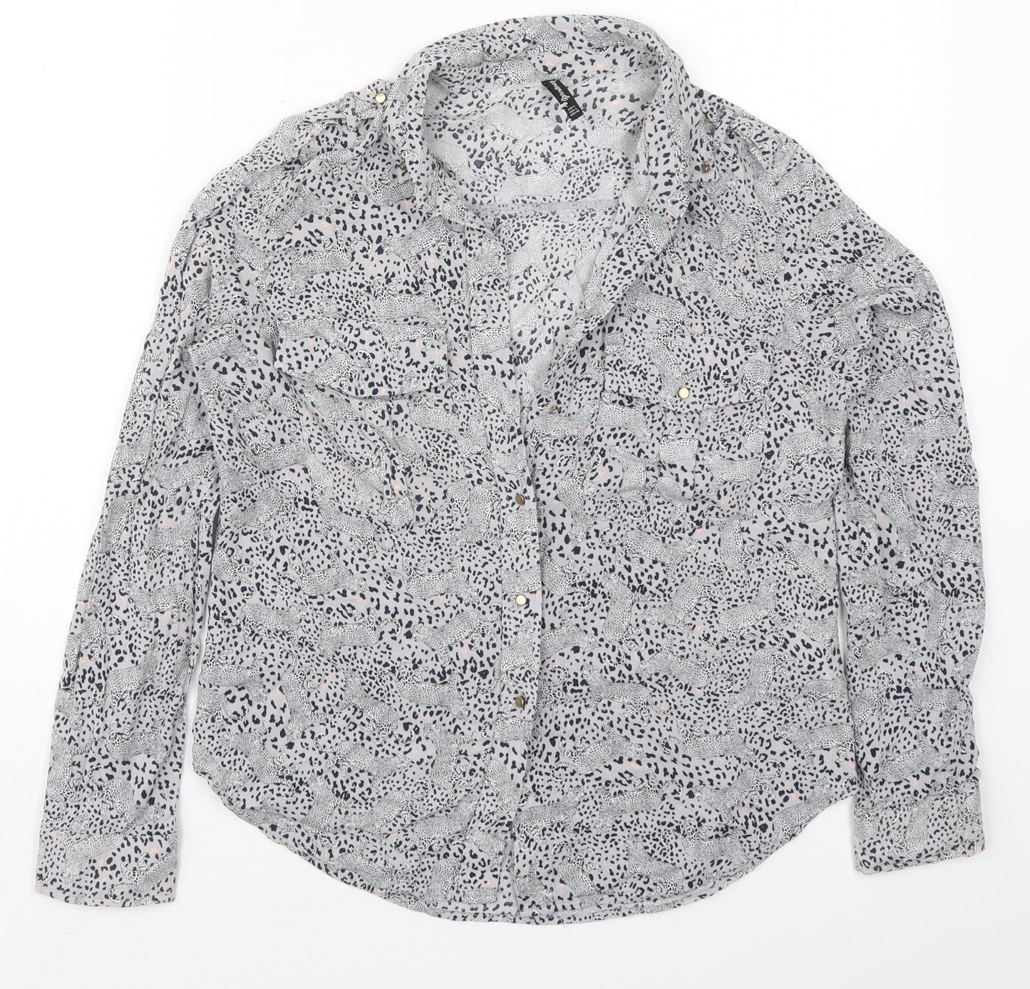 Stradivarius Womens Grey Animal Print Viscose Basic Button-Up Size L Collared - Leopards