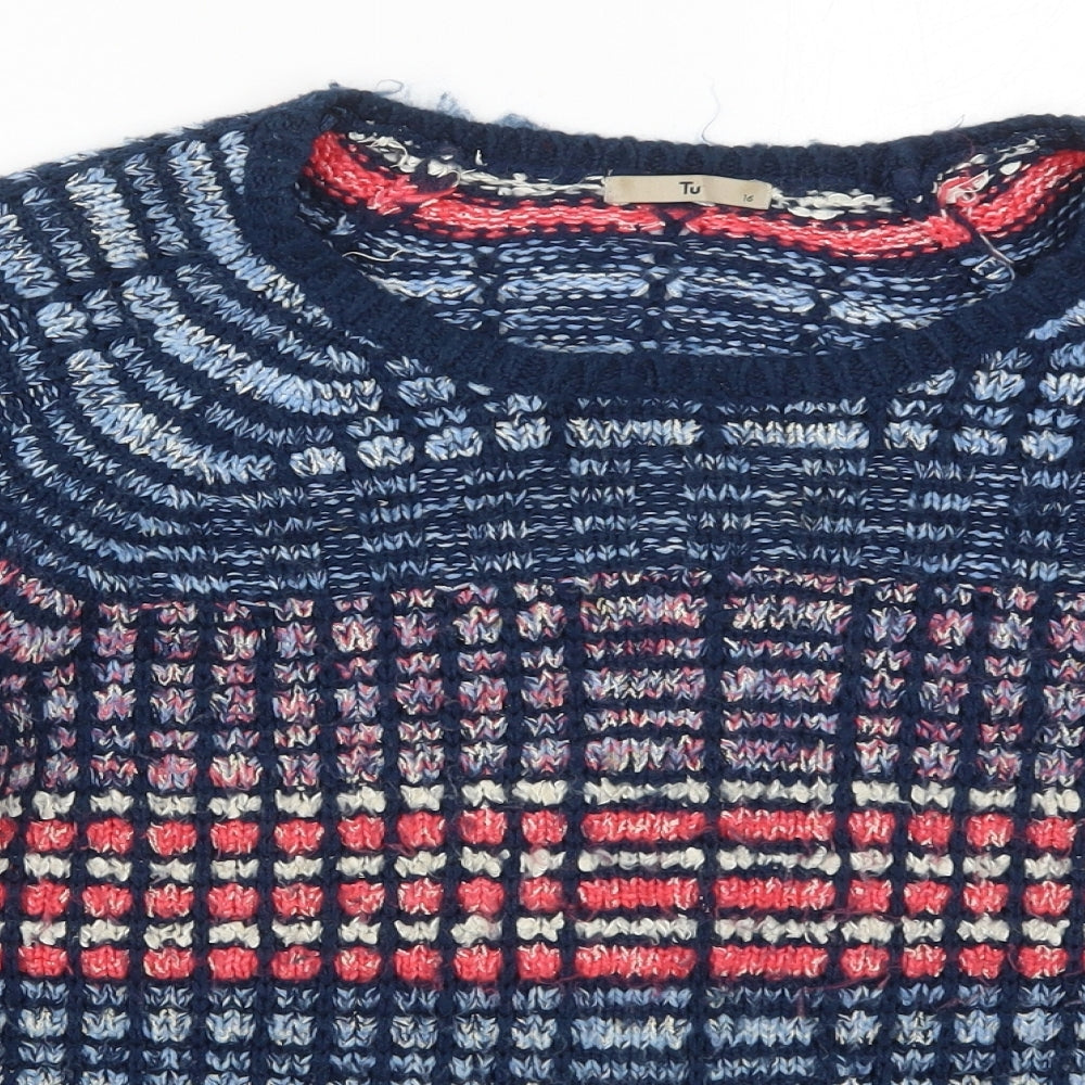 TU Womens Blue Round Neck Geometric Acrylic Pullover Jumper Size 16   - Pink