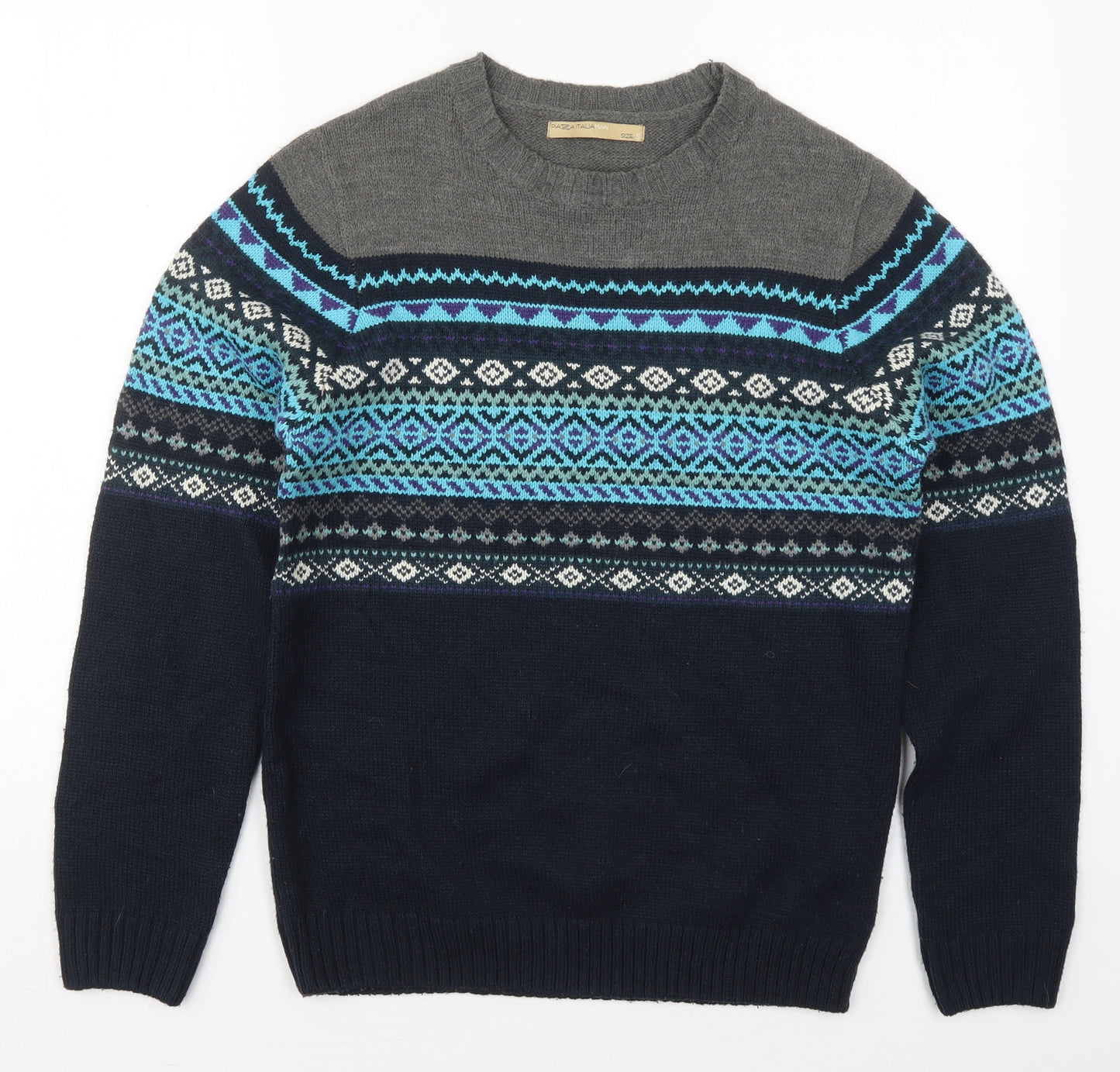 Plaza Italia Mens Blue Crew Neck Fair Isle Acrylic Pullover Jumper Size L