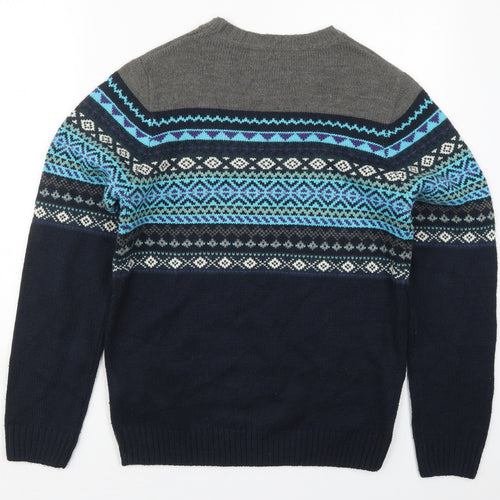 Plaza Italia Mens Blue Crew Neck Fair Isle Acrylic Pullover Jumper Size L
