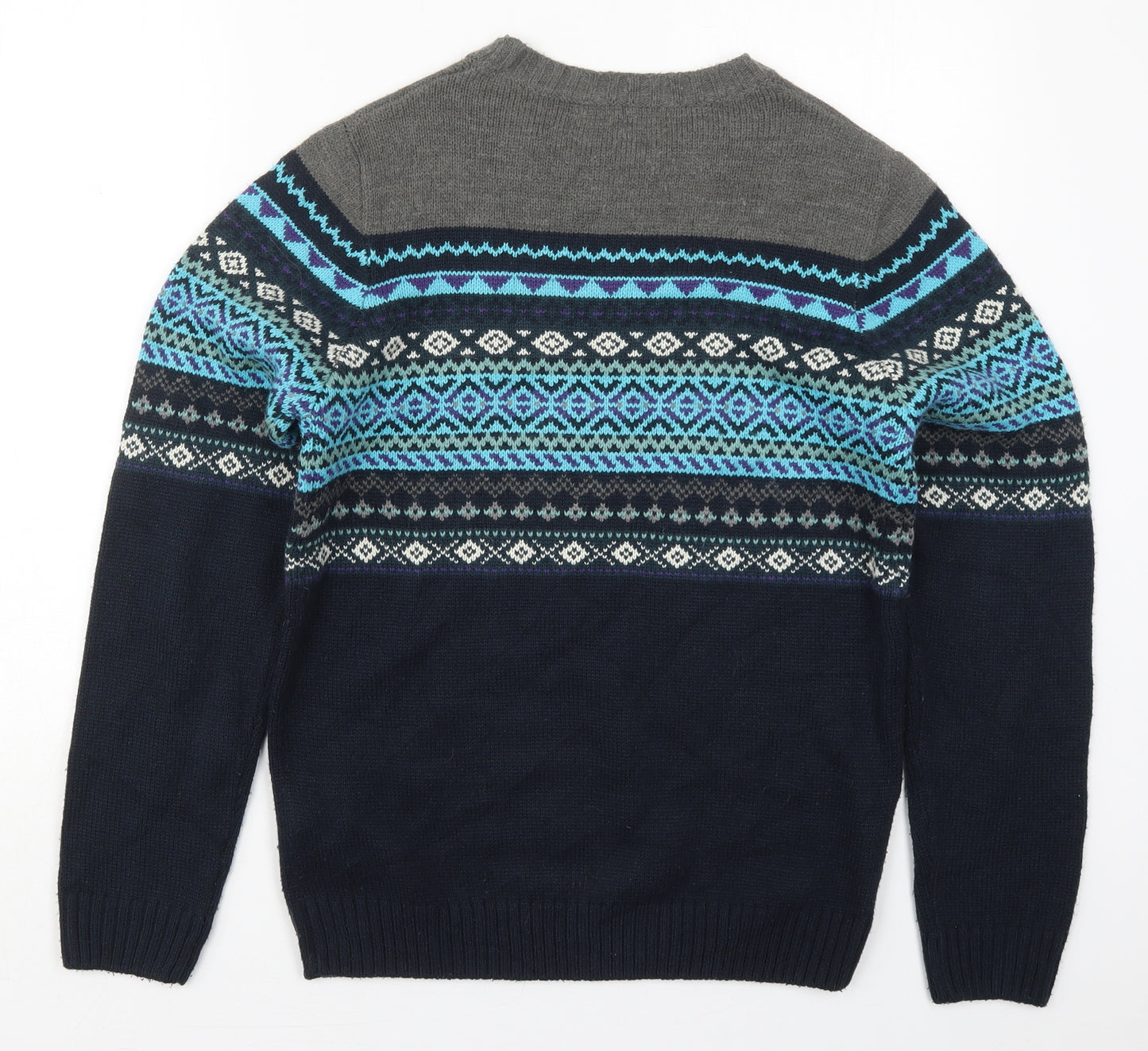 Plaza Italia Mens Blue Crew Neck Fair Isle Acrylic Pullover Jumper Size L