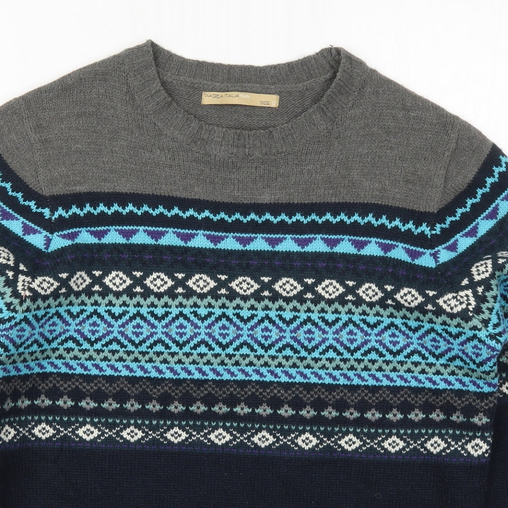 Plaza Italia Mens Blue Crew Neck Fair Isle Acrylic Pullover Jumper Size L