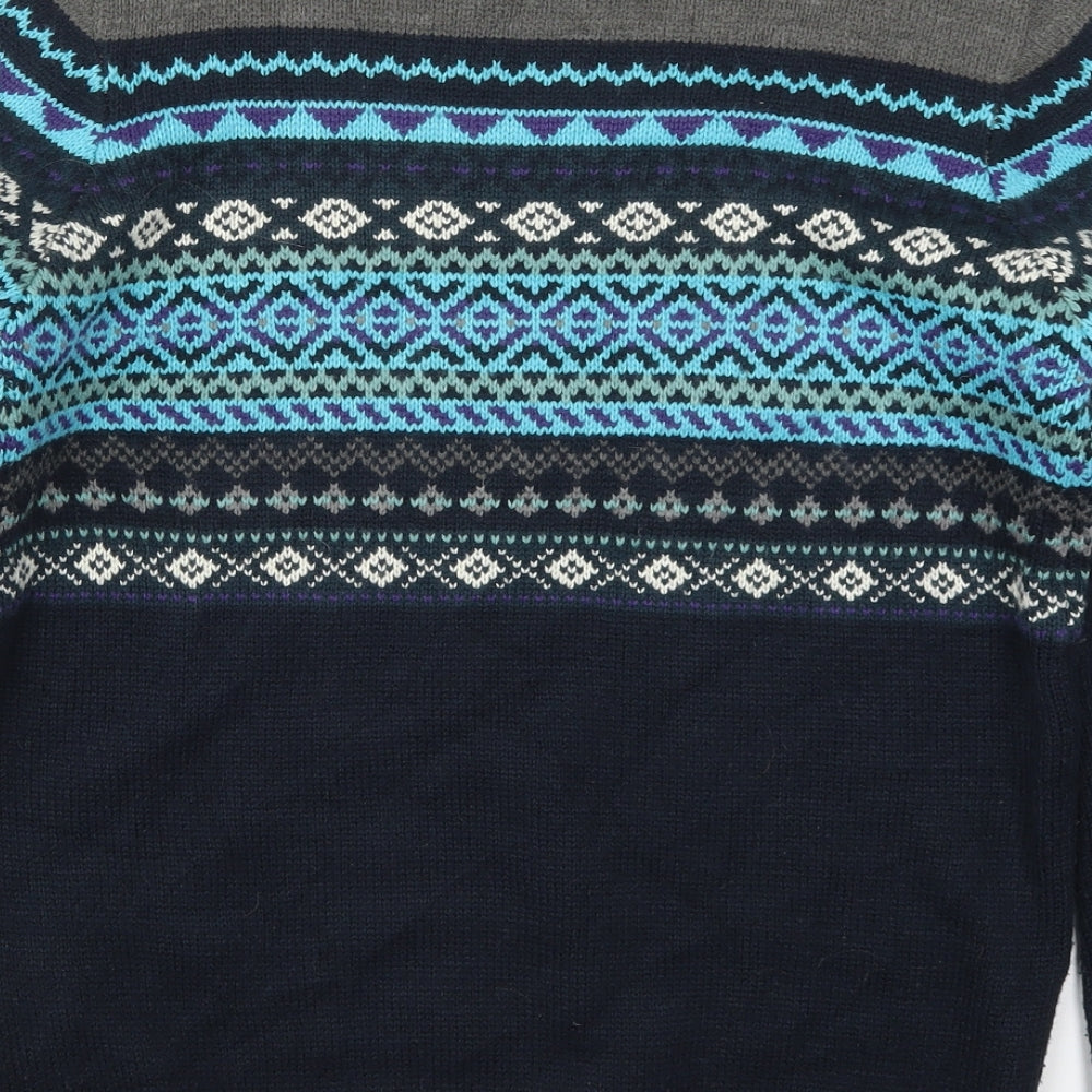 Plaza Italia Mens Blue Crew Neck Fair Isle Acrylic Pullover Jumper Size L