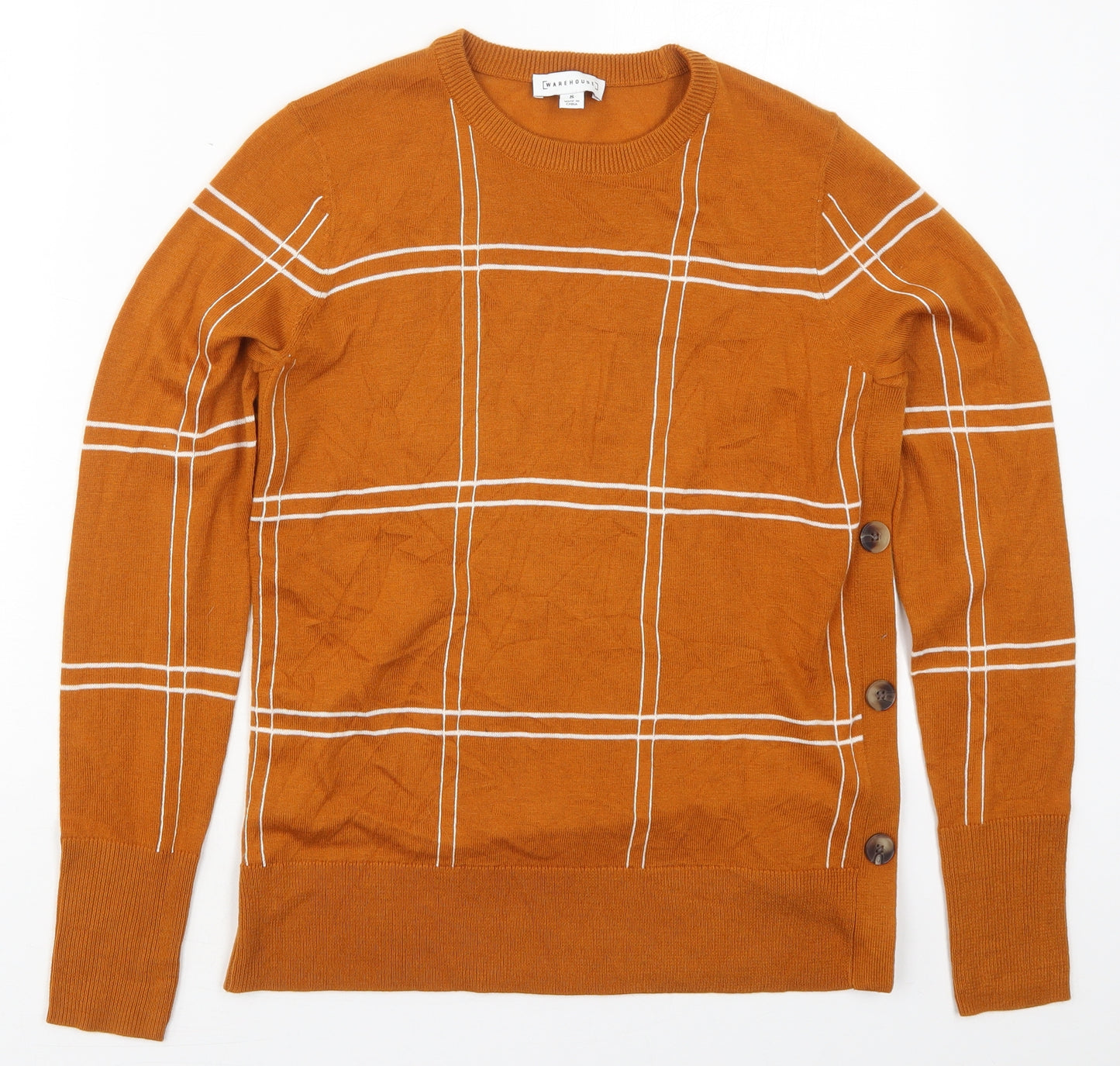 Warehouse Womens Orange Crew Neck Check Polyester Pullover Jumper Size 8