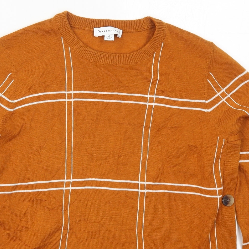Warehouse Womens Orange Crew Neck Check Polyester Pullover Jumper Size 8