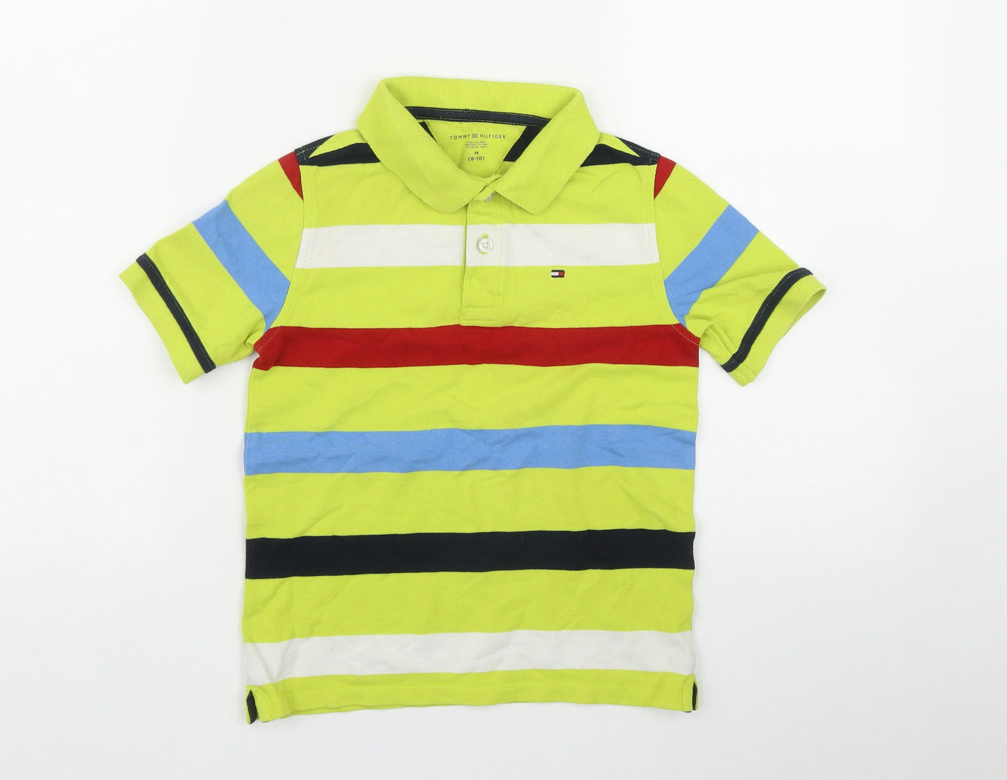 Tommy Hilfiger Boys Green Striped Cotton Basic Polo Size 8-9 Years Collared