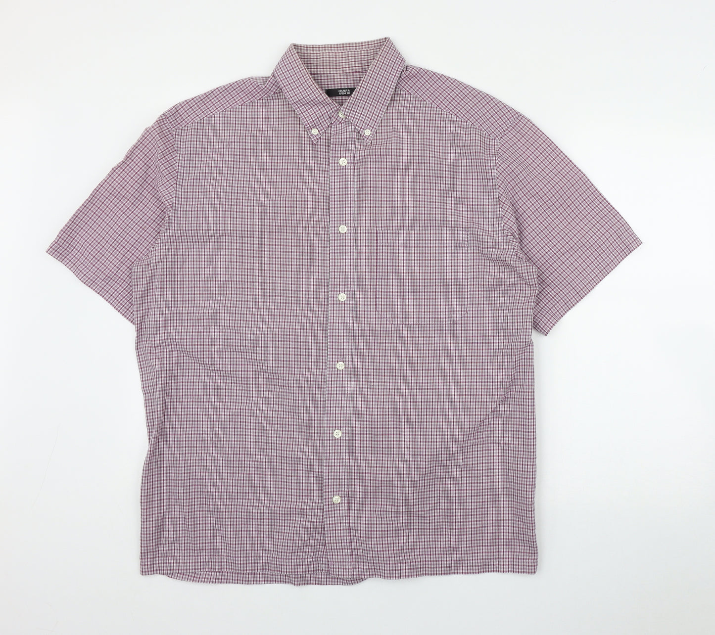 Marks and Spencer Mens Silver Plaid Polyester  Button-Up Size L Collared Button