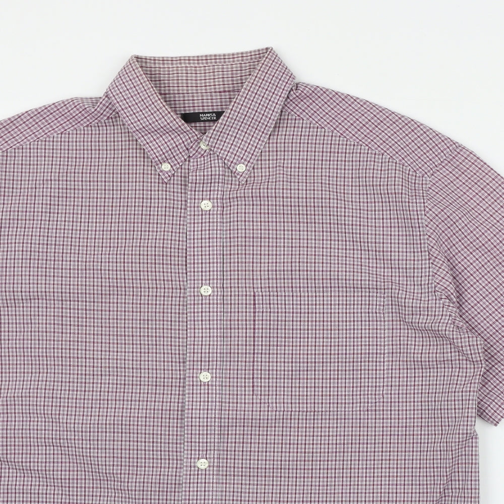 Marks and Spencer Mens Silver Plaid Polyester  Button-Up Size L Collared Button