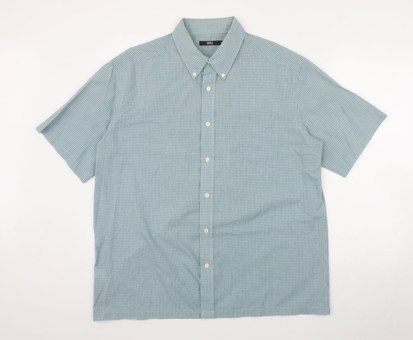 Marks and Spencer Mens Green Plaid Polyester  Button-Up Size L Collared Button