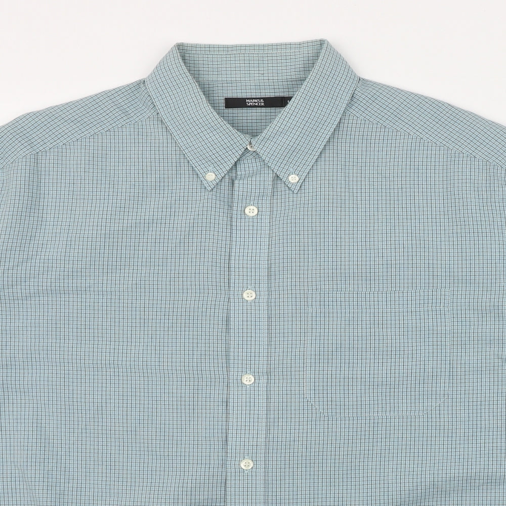 Marks and Spencer Mens Green Plaid Polyester  Button-Up Size L Collared Button