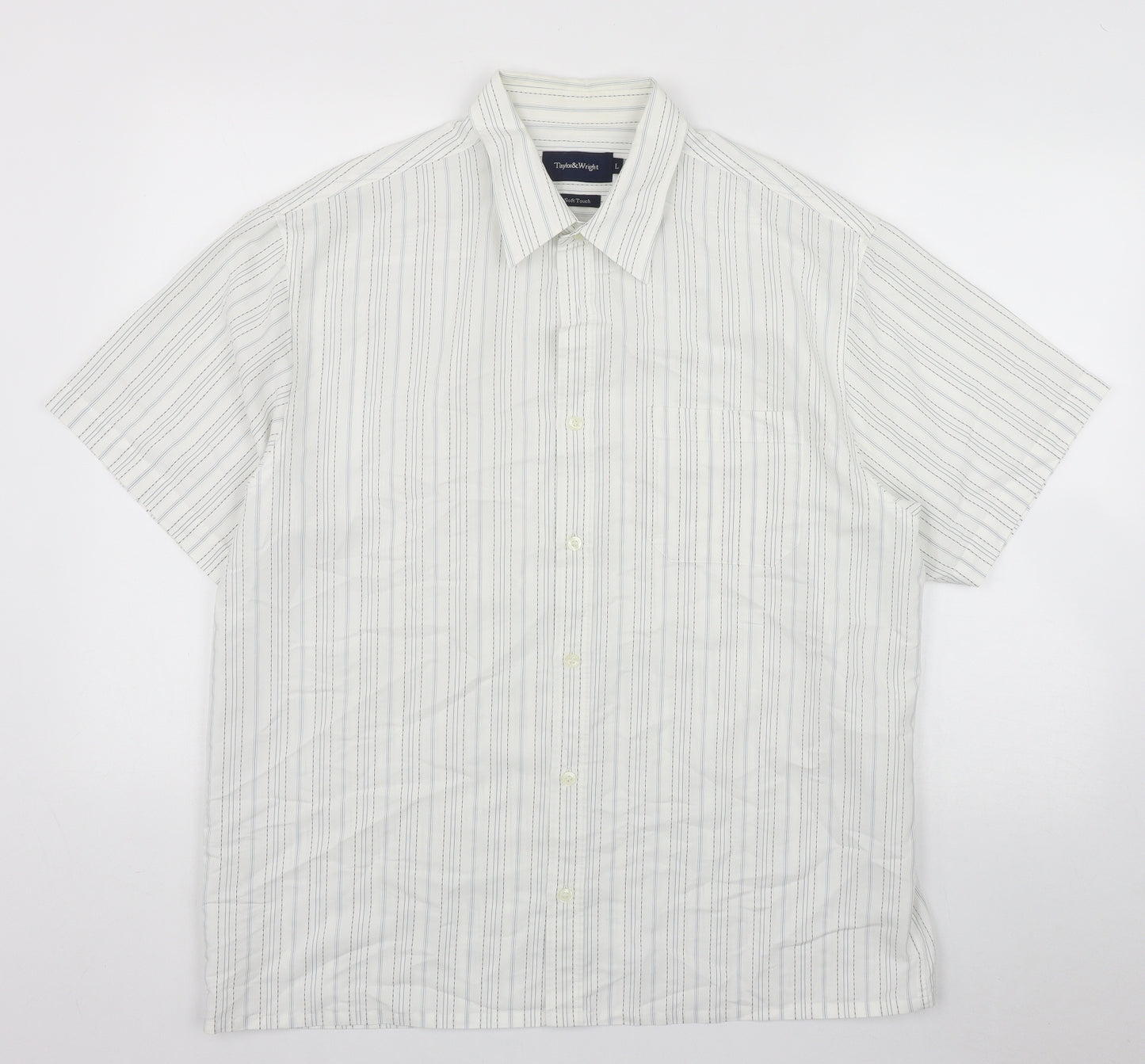 Taylor & Wright Mens White Striped Modal  Button-Up Size L Collared