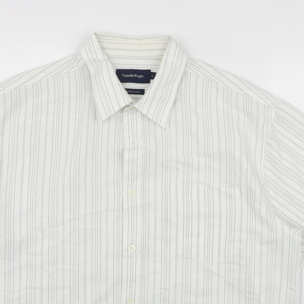 Taylor & Wright Mens White Striped Modal  Button-Up Size L Collared