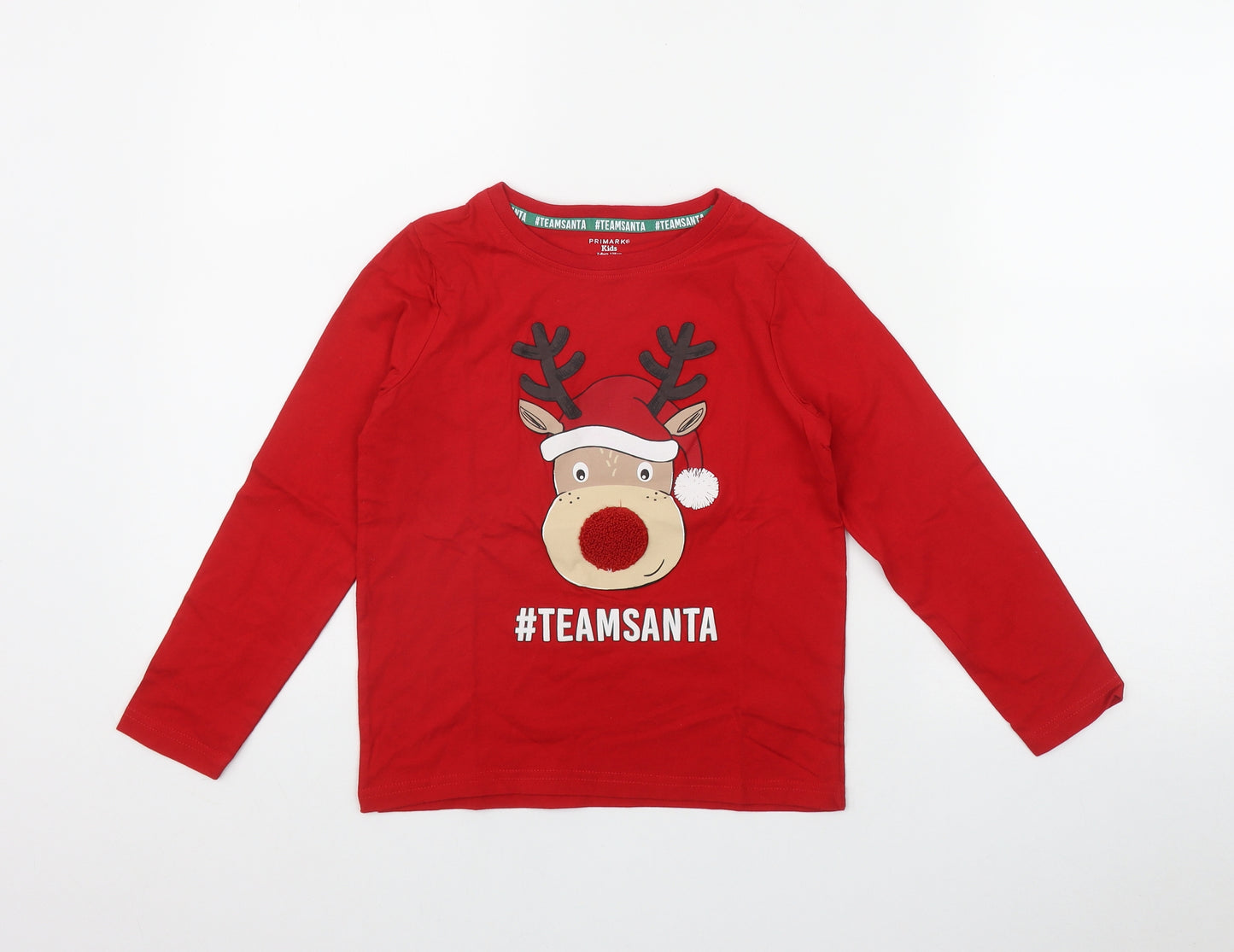 Primark Boys Red  Cotton Basic T-Shirt Size 7-8 Years Round Neck  - Christmas 'Team Santa'