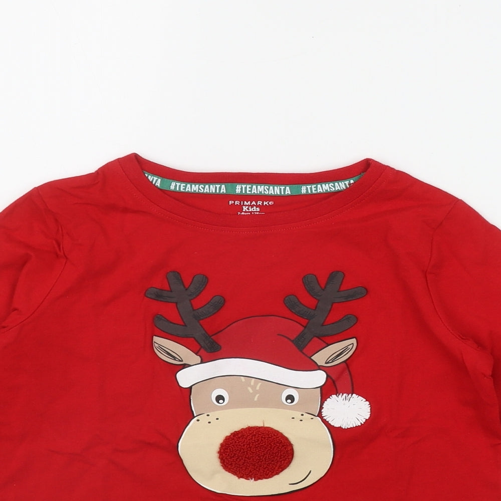 Primark Boys Red  Cotton Basic T-Shirt Size 7-8 Years Round Neck  - Christmas 'Team Santa'
