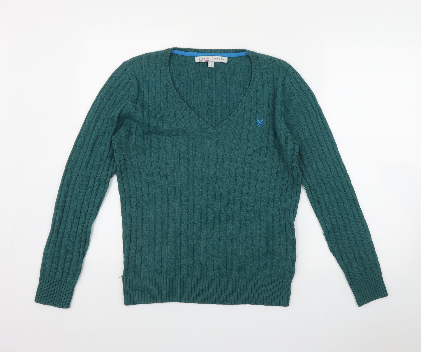 Crew Clothing Womens Green V-Neck  Cotton Pullover Jumper Size 14