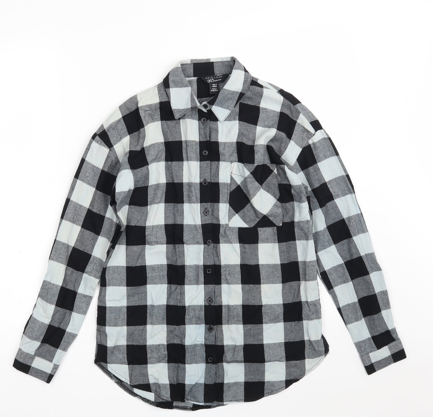 New Look Girls Black Check 100% Cotton Basic Button-Up Size 11 Years Collared Button