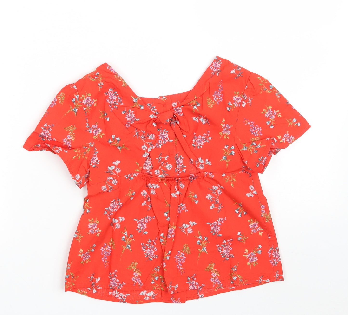 Zara Girls Red Floral 100% Cotton Basic Button-Up Size 8 Years Scoop Neck Button