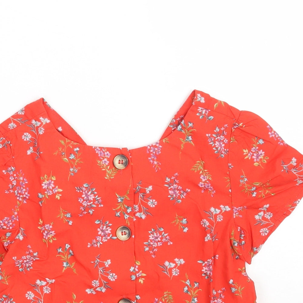 Zara Girls Red Floral 100% Cotton Basic Button-Up Size 8 Years Scoop Neck Button