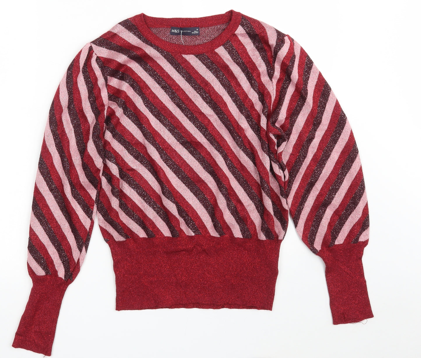 Marks and Spencer Womens Red Crew Neck Striped Viscose Pullover Jumper Size 14