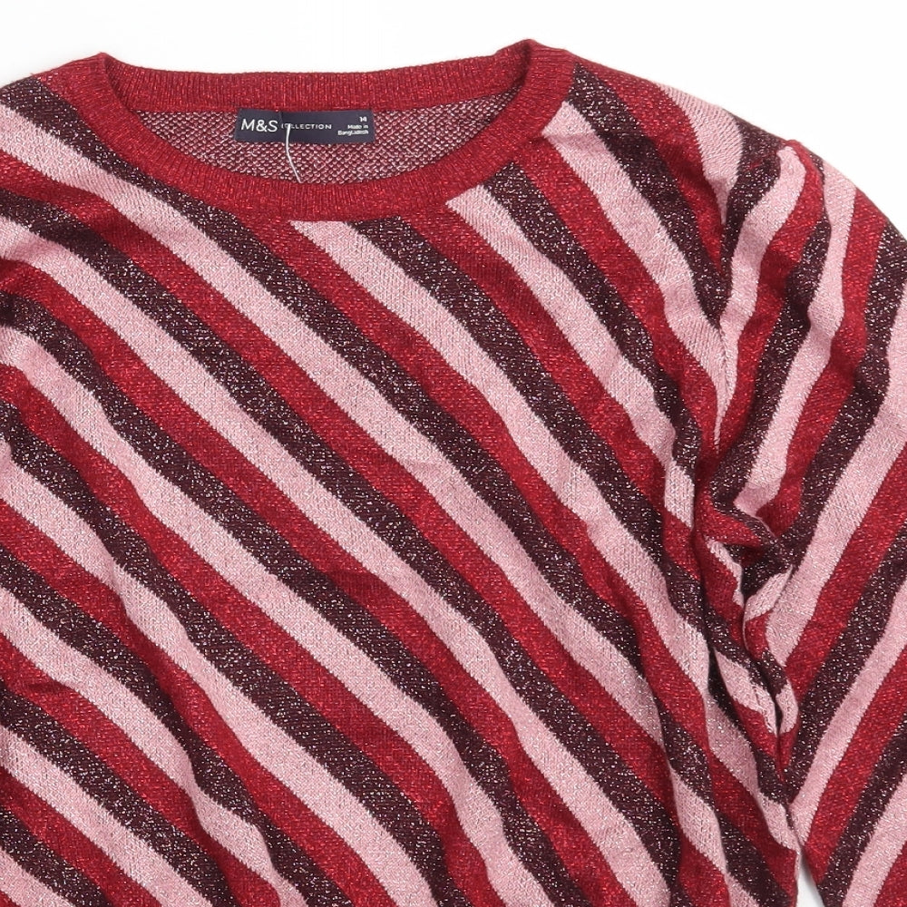 Marks and Spencer Womens Red Crew Neck Striped Viscose Pullover Jumper Size 14