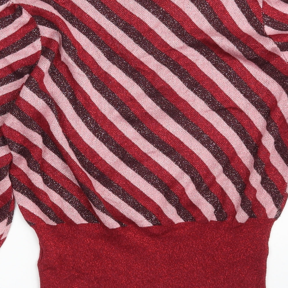 Marks and Spencer Womens Red Crew Neck Striped Viscose Pullover Jumper Size 14