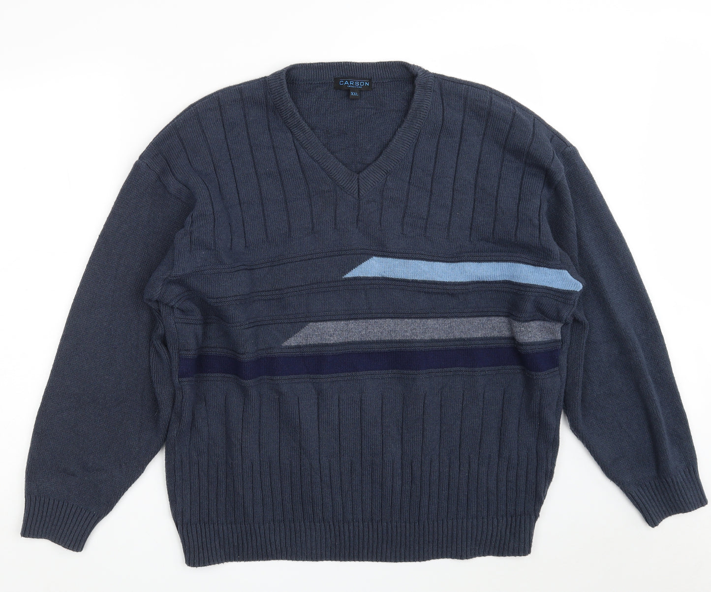 Carson Mens Blue V-Neck Striped Acrylic Pullover Jumper Size 2XL