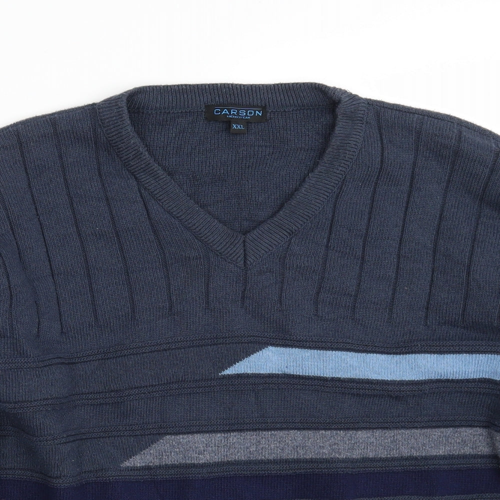 Carson Mens Blue V-Neck Striped Acrylic Pullover Jumper Size 2XL