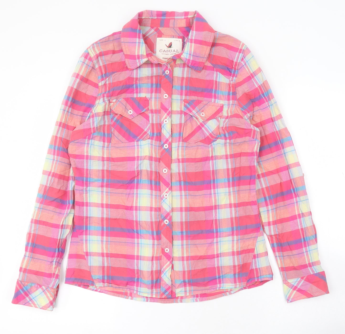 Dunnes Womens Multicoloured Check 100% Cotton Basic Button-Up Size 12 Collared