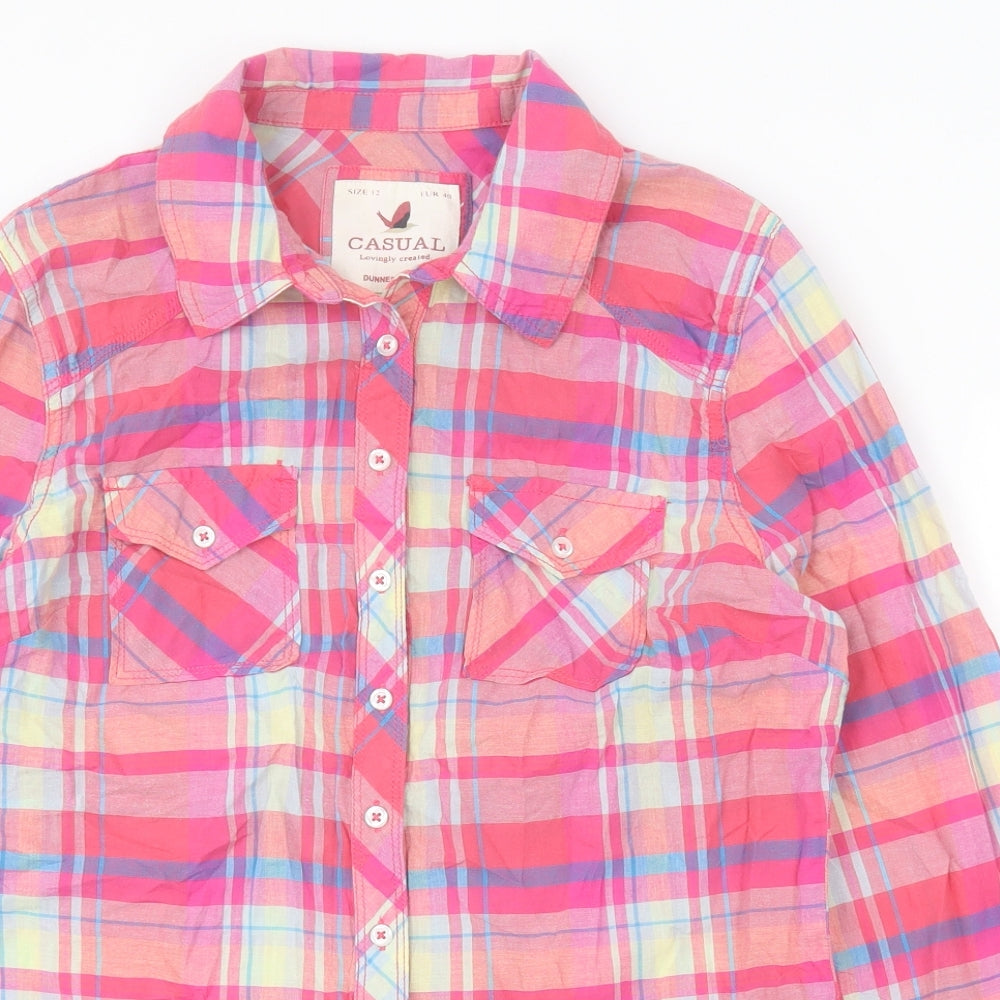 Dunnes Womens Multicoloured Check 100% Cotton Basic Button-Up Size 12 Collared