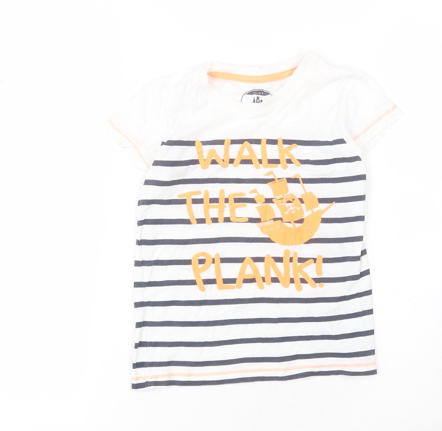Matalan Boys White Striped Cotton Basic Polo Size 5-6 Years Round Neck Pullover - Pirate