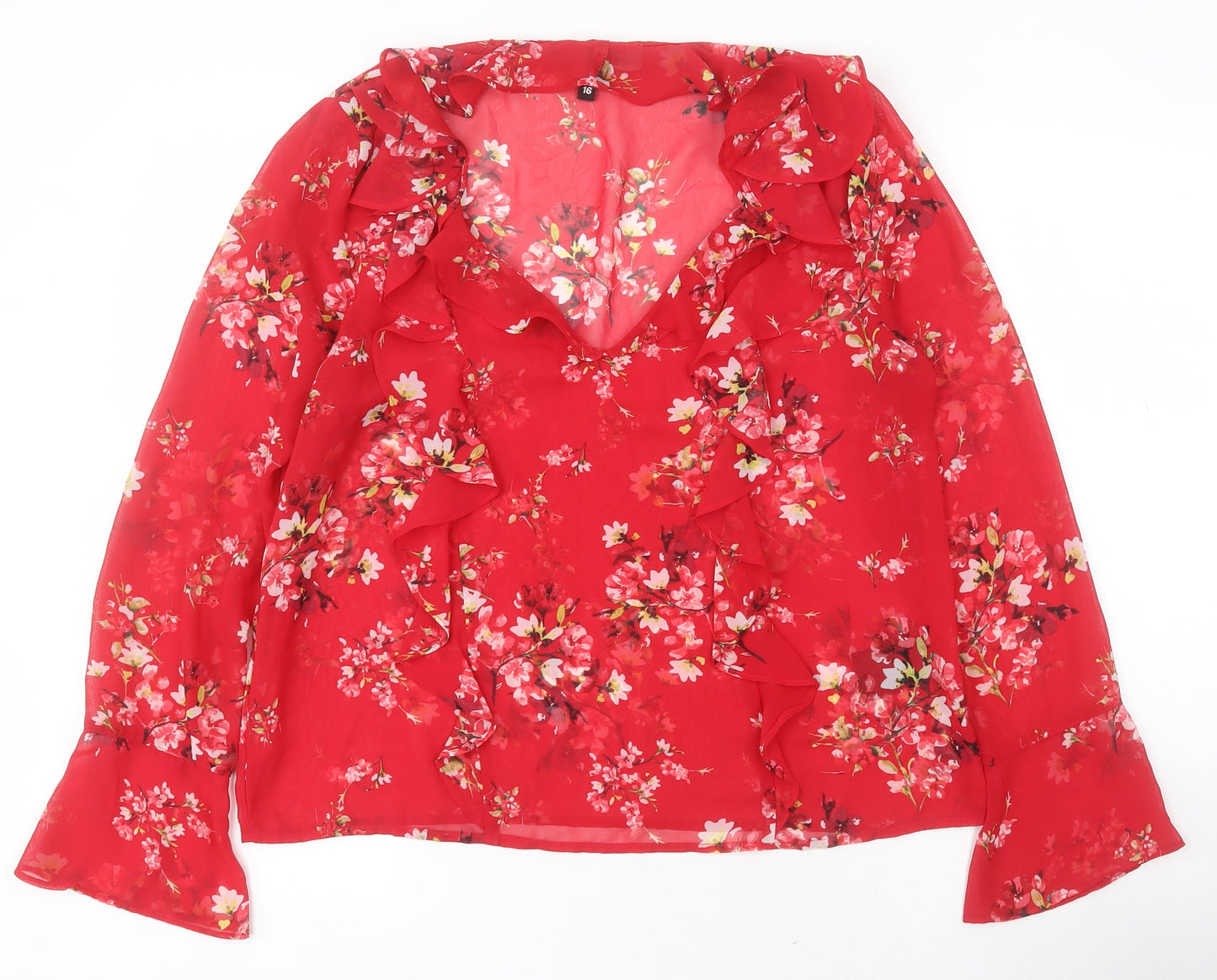H&M Womens Red Floral Polyester Basic Blouse Size 16 V-Neck