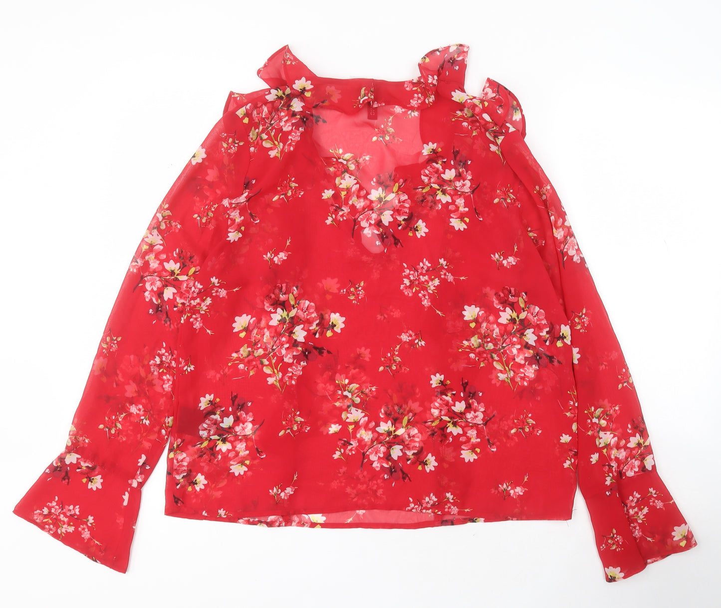 H&M Womens Red Floral Polyester Basic Blouse Size 16 V-Neck