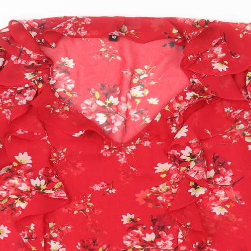 H&M Womens Red Floral Polyester Basic Blouse Size 16 V-Neck