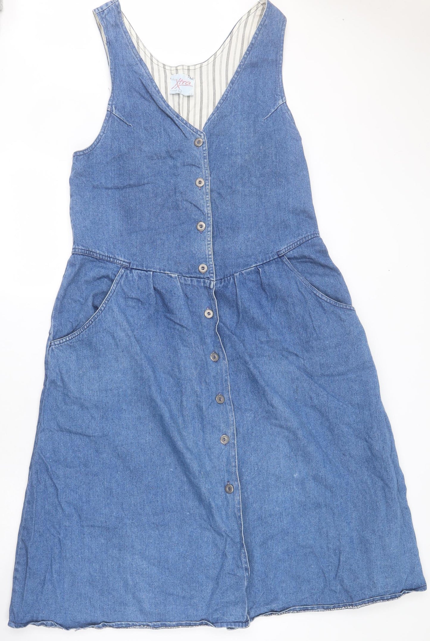 BHS Womens Blue  Cotton Pinafore/Dungaree Dress  Size 14  V-Neck Button