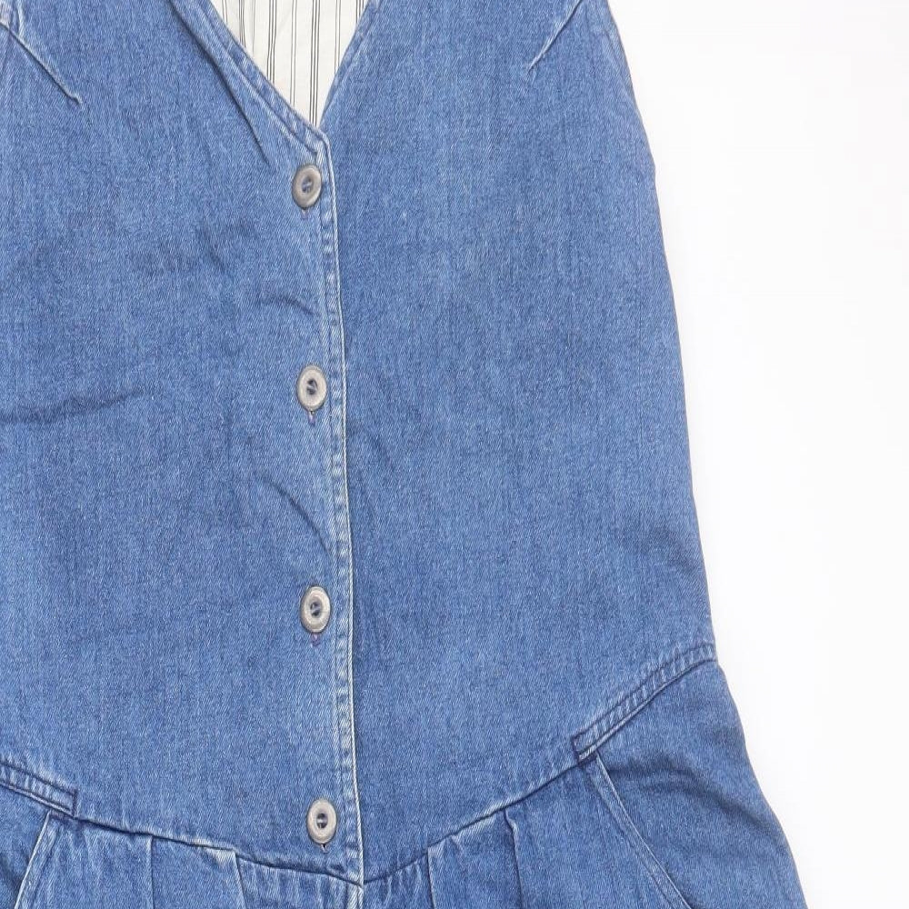 BHS Womens Blue  Cotton Pinafore/Dungaree Dress  Size 14  V-Neck Button