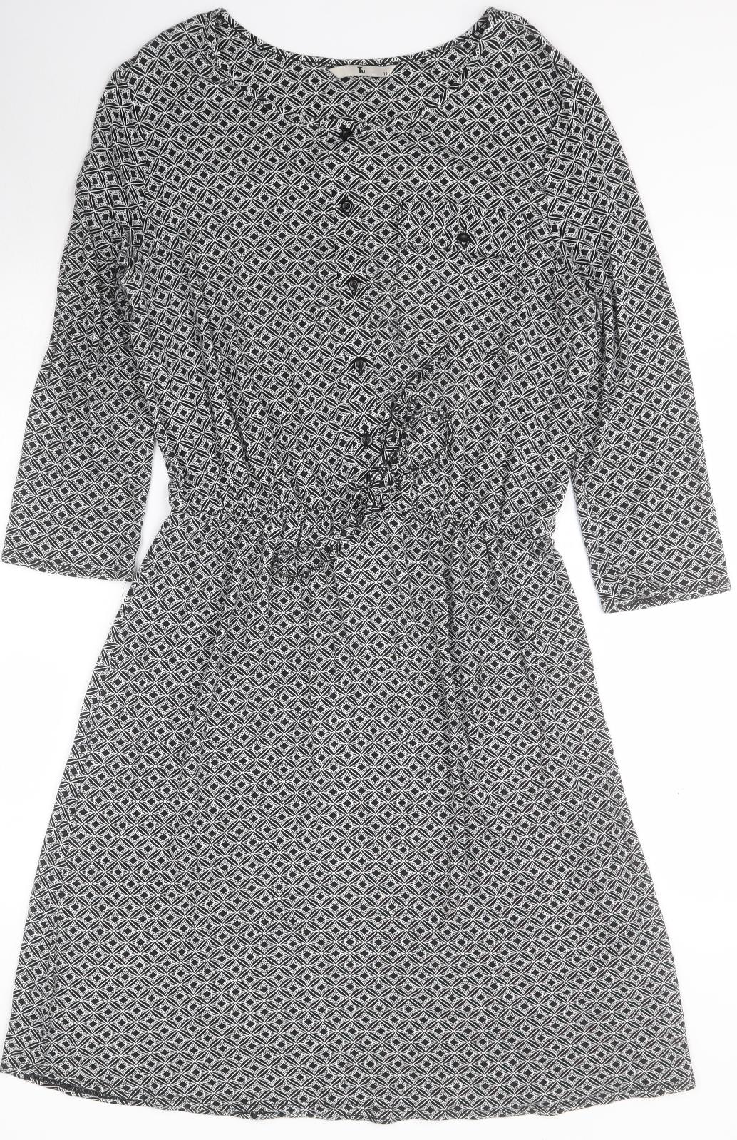 TU Womens Black Geometric Viscose A-Line  Size 10  Round Neck Button