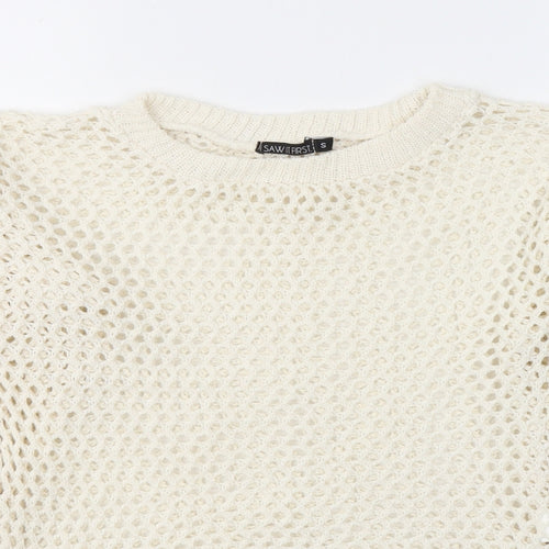 I SAW IT FIRST Womens White Round Neck  Cotton Pullover Jumper Size S