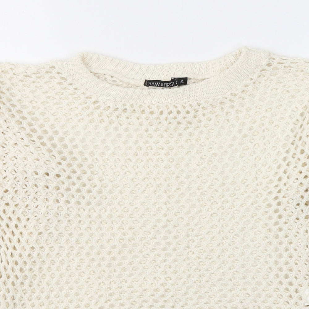 I SAW IT FIRST Womens White Round Neck  Cotton Pullover Jumper Size S