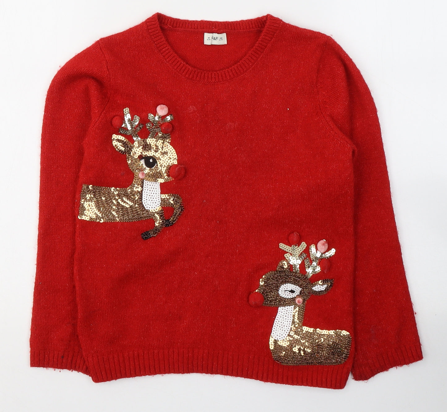 F&F Girls Red Round Neck  Polyester Pullover Jumper Size 6-7 Years  Pullover - Christmas jumper