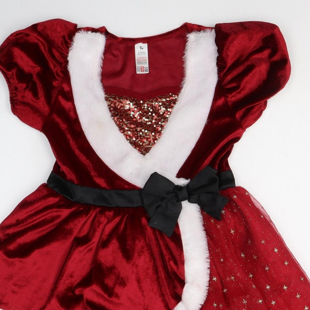 TU Girls Red Geometric Polyester Fit & Flare  Size 9-10 Years  Round Neck Pullover - Christmas Fancy Dress
