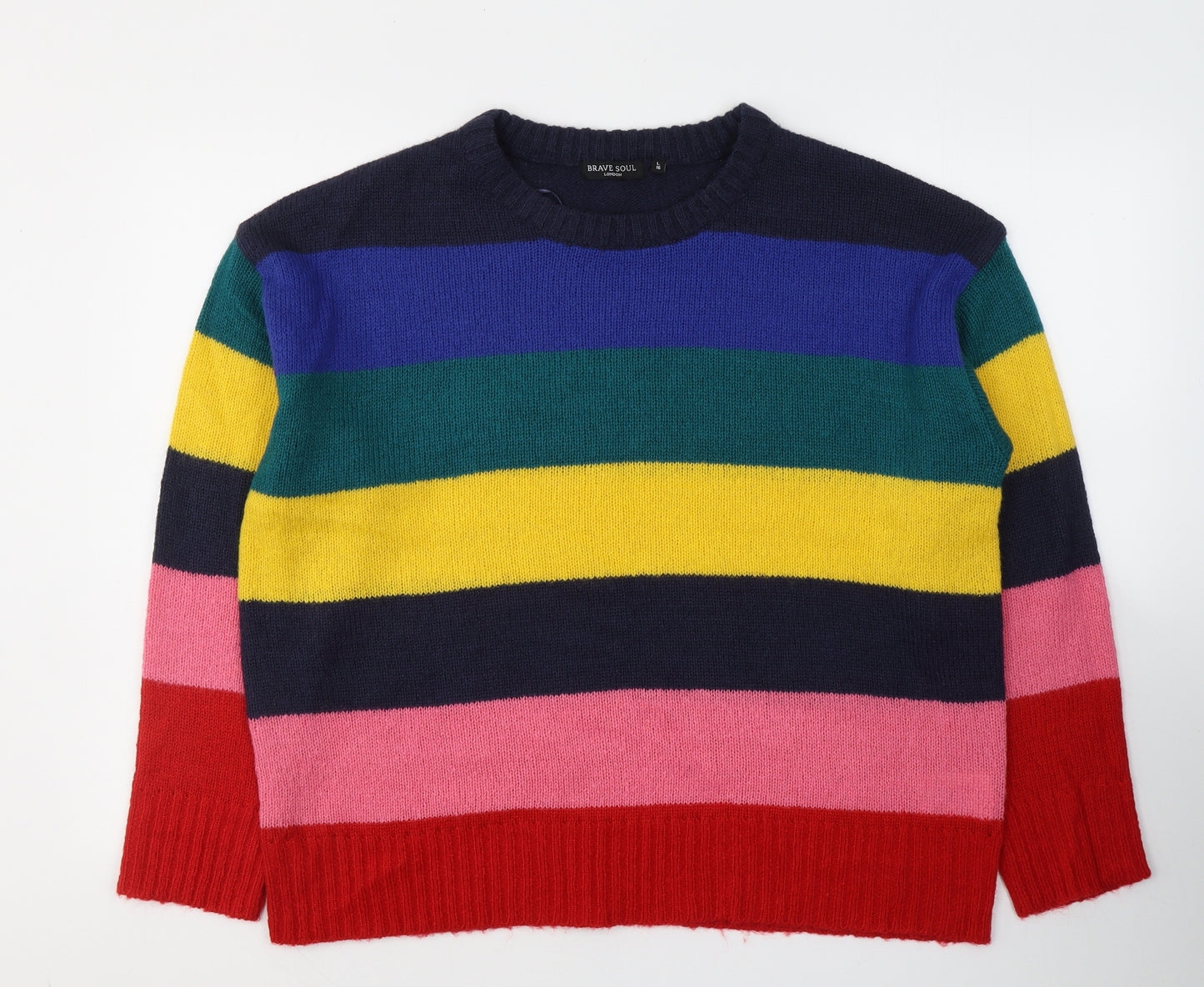 Brave Soul Womens Multicoloured Round Neck Striped Acrylic Pullover Jumper Size 16
