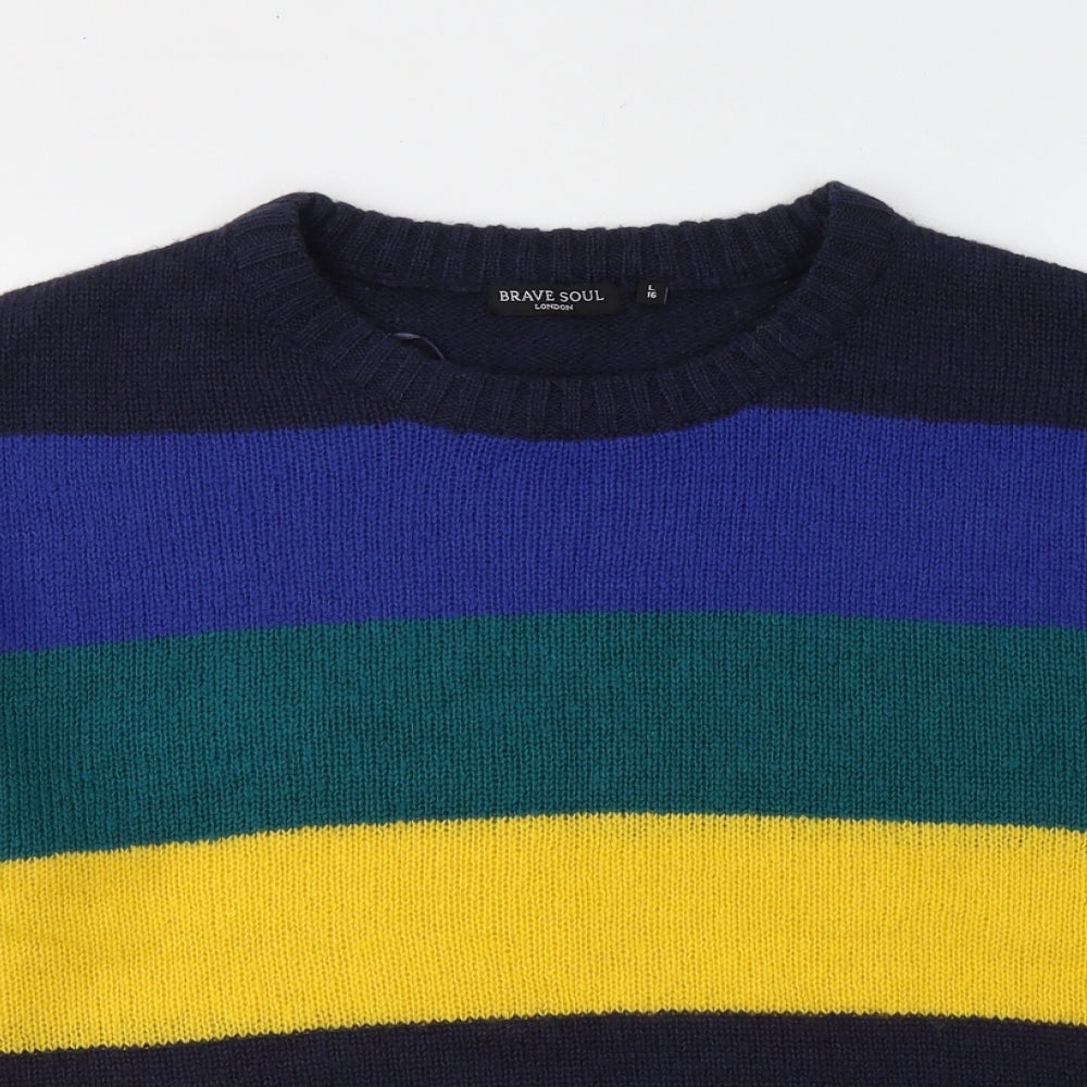 Brave Soul Womens Multicoloured Round Neck Striped Acrylic Pullover Jumper Size 16