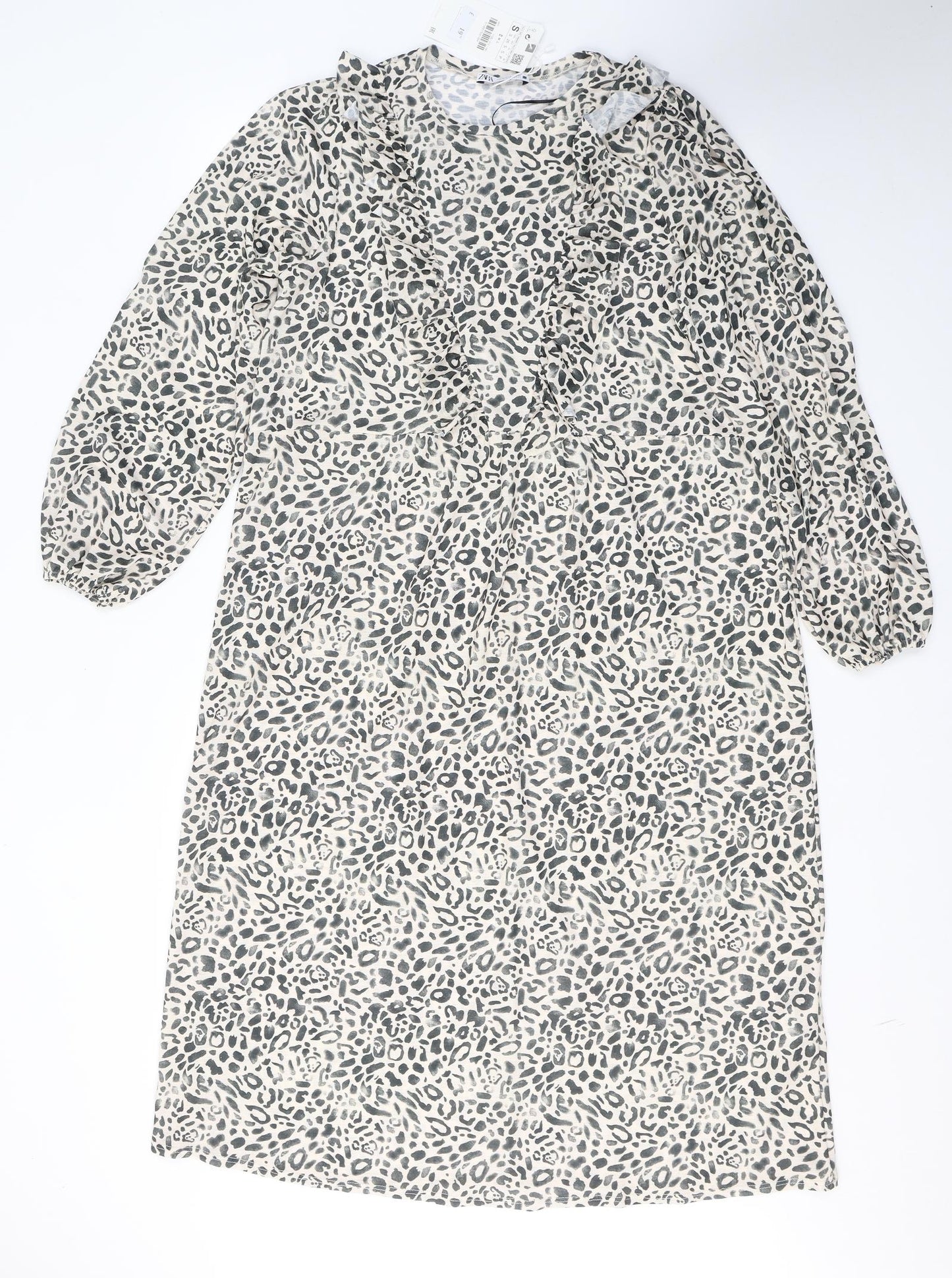 Zara Womens Ivory Animal Print Polyester A-Line  Size S  Round Neck Pullover
