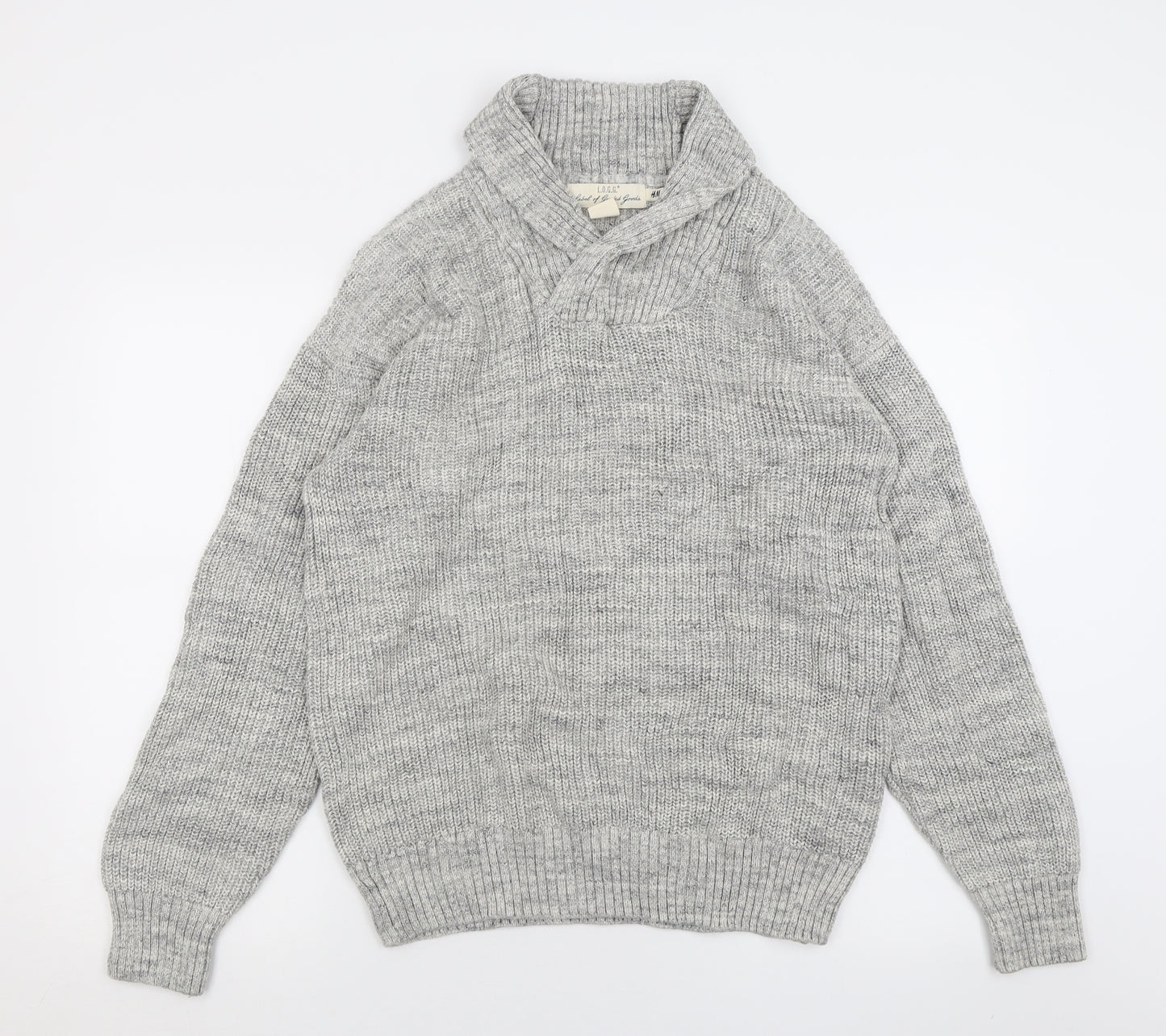 H&M Mens Grey V-Neck  Cotton Pullover Jumper Size M