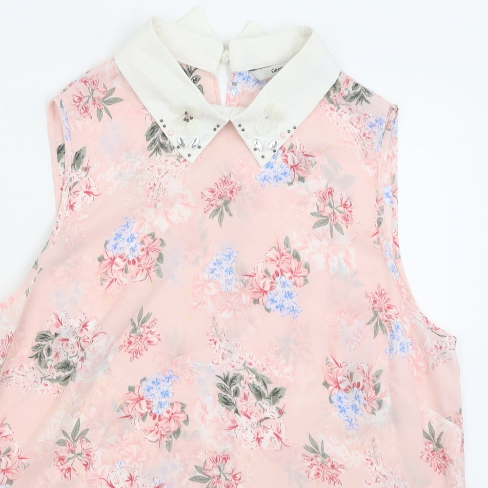 George Womens Pink Floral Polyester Basic Tank Size 12 Collared